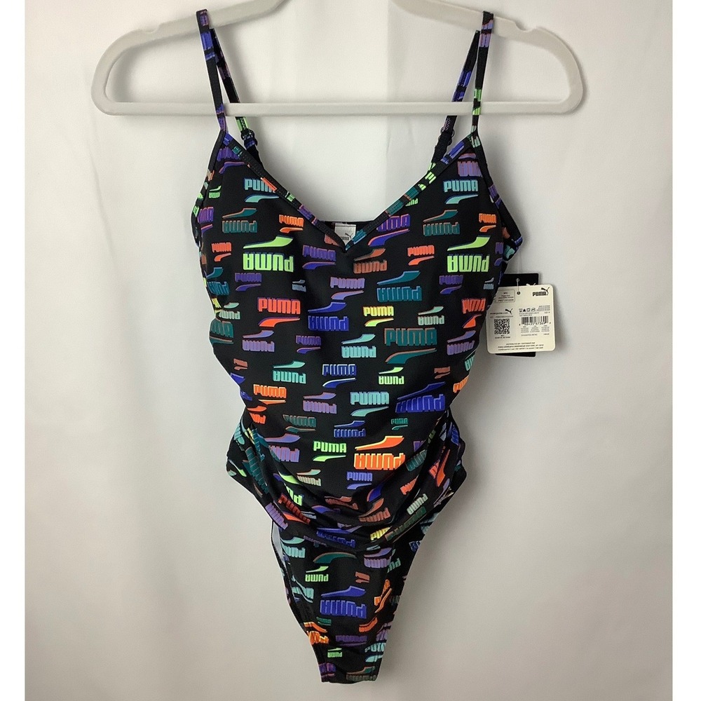PUMA NWT Multi-Color Neon Logo One-Piece Swimsuit M Black Multi